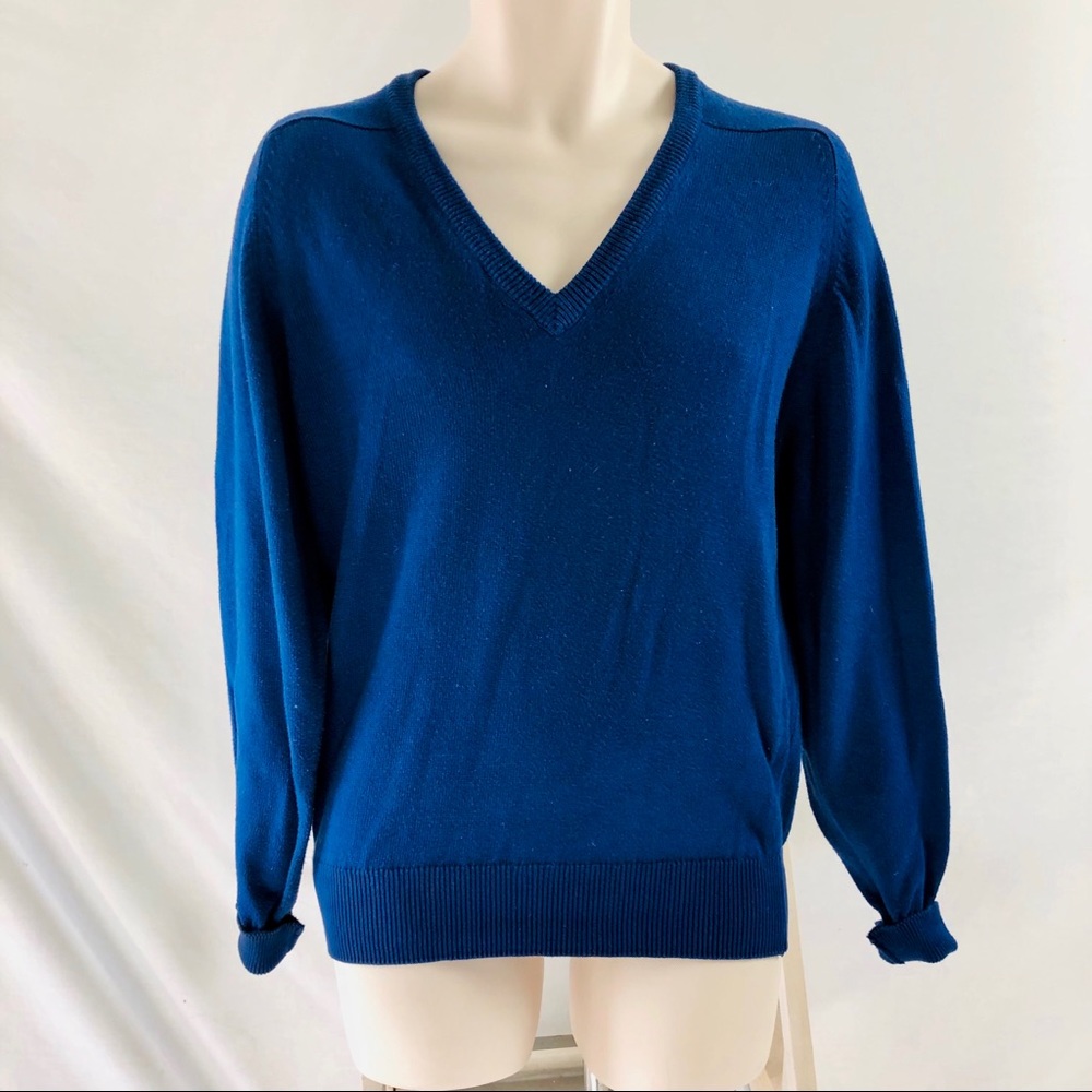 Vintage 70s Alan Paine Blue Cotton V Neck Pullover Sweater Jumper Men 38” chest